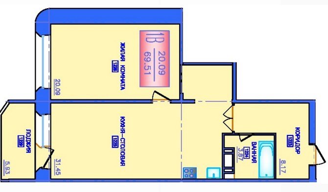 1 этаж 1-комнатн. 69.51 кв.м.