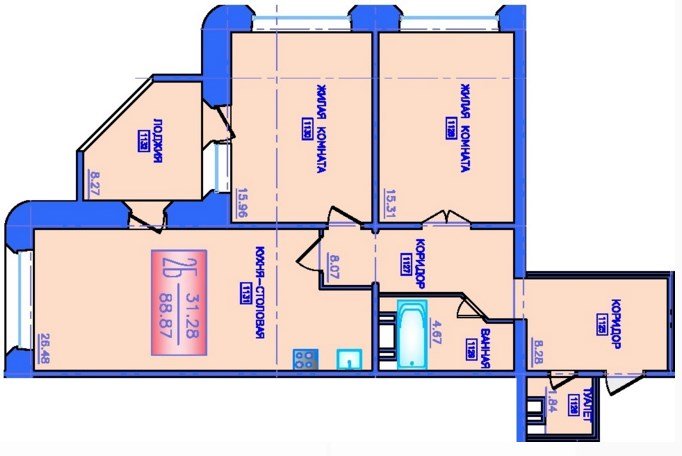 1 этаж 2-комнатн. 88.87 кв.м.