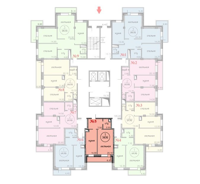 3 этаж 1-комнатн. 48.2 кв.м.