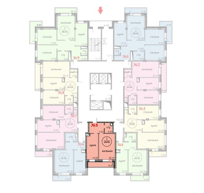 6 этаж 1-комнатн. 48.2 кв.м.