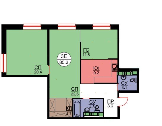 22 этаж 3-комнатн. 85.9 кв.м.