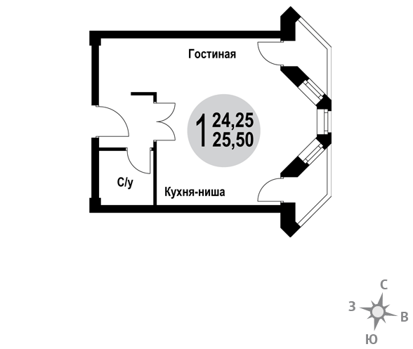 1 этаж 1-комнатн. 25.5 кв.м.