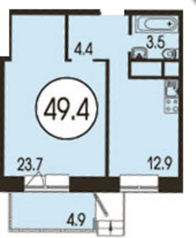 1 этаж 1-комнатн. 49.5 кв.м.