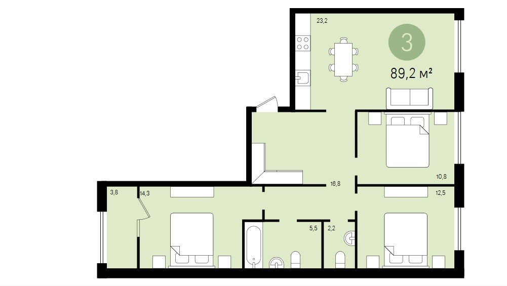2 этаж 3-комнатн. 89.2 кв.м.