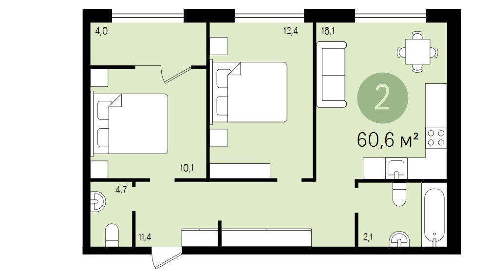 2 этаж 2-комнатн. 60.6 кв.м.