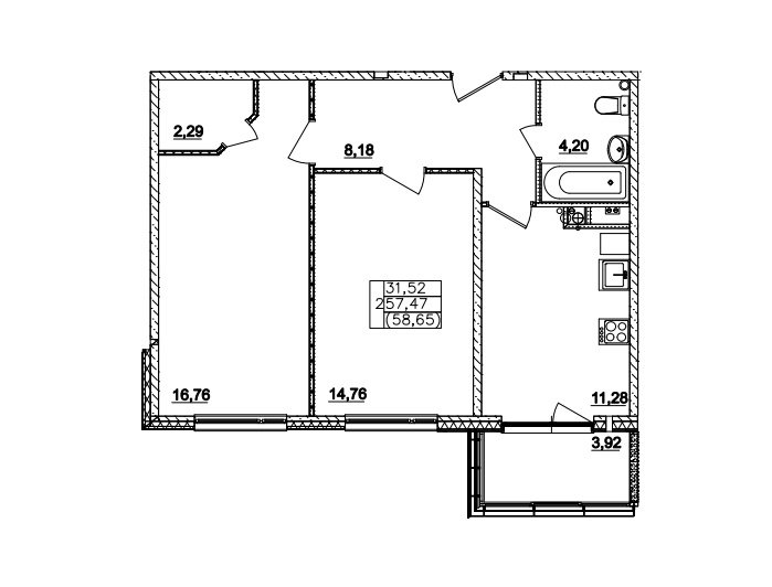2 этаж 2-комнатн. 57.47 кв.м.