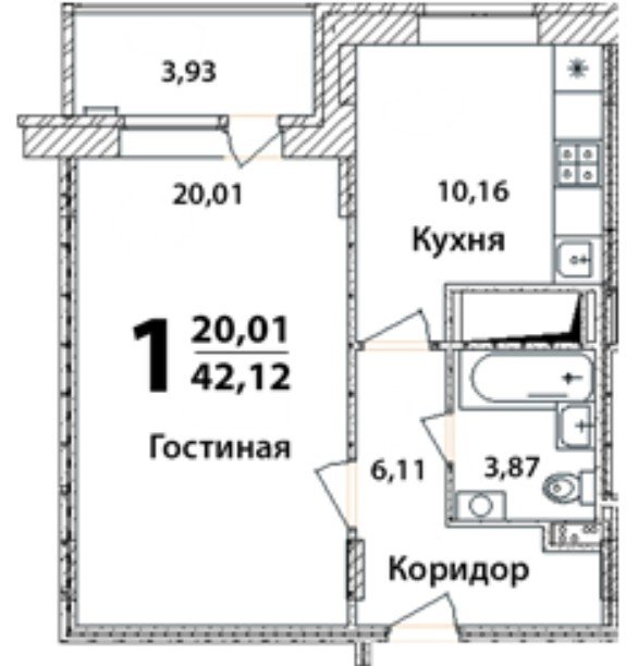 13 этаж 1-комнатн. 42.12 кв.м.