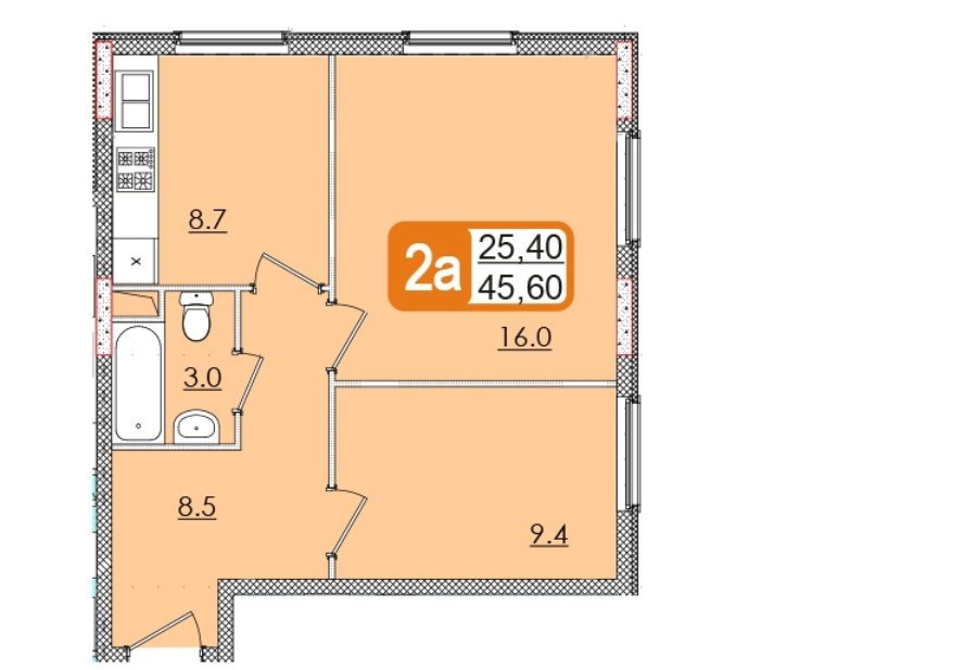 3 этаж 2-комнатн. 45.6 кв.м.