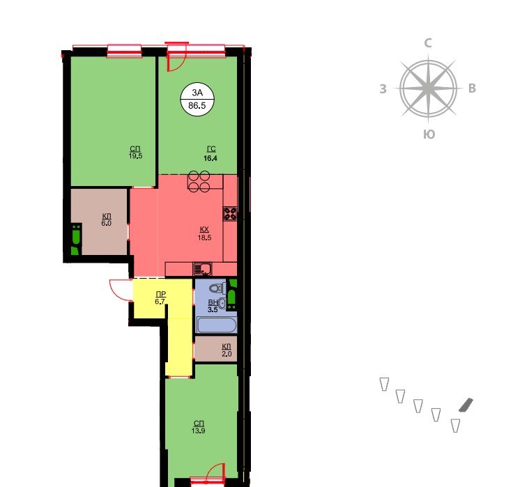 4 этаж 3-комнатн. 86.5 кв.м.