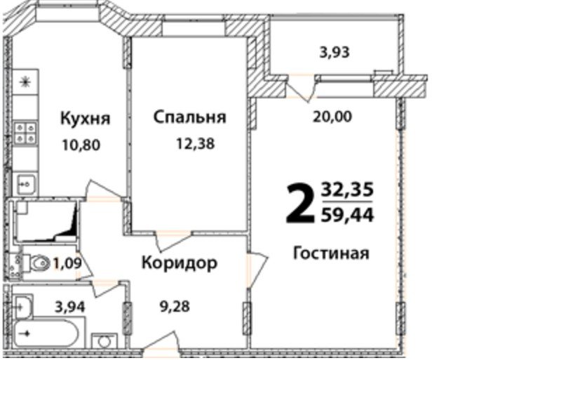13 этаж 2-комнатн. 59.44 кв.м.