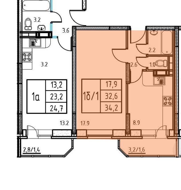 3 этаж 1-комнатн. 34.2 кв.м.