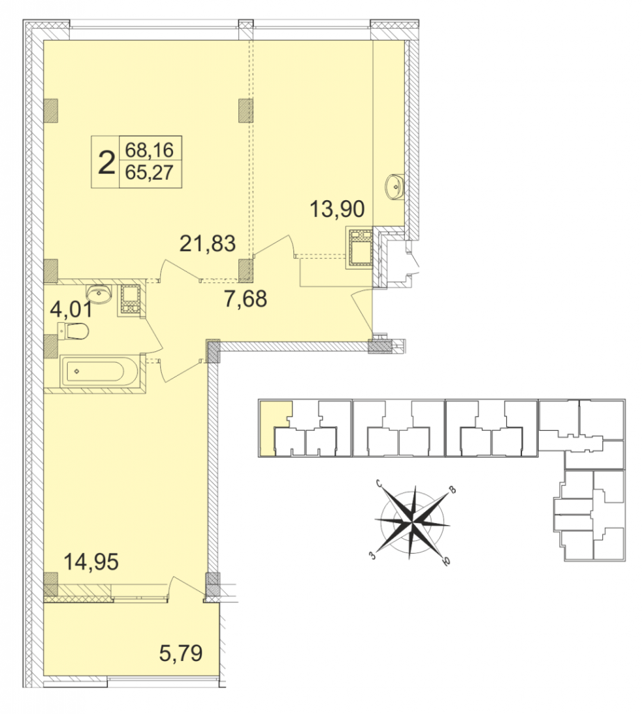 7 этаж 2-комнатн. 65.27 кв.м.