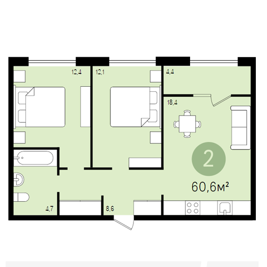 6 этаж 2-комнатн. 60.6 кв.м.