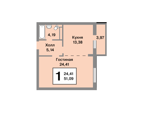 1 этаж 1-комнатн. 51.09 кв.м.