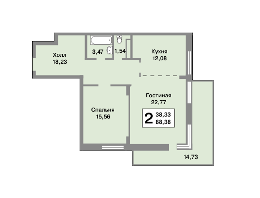 1 этаж 2-комнатн. 88.38 кв.м.