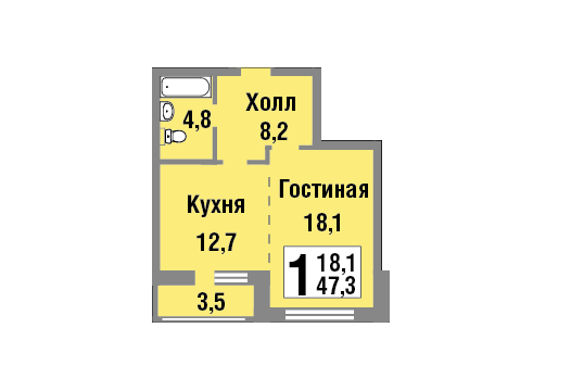 1 этаж 1-комнатн. 47.3 кв.м.