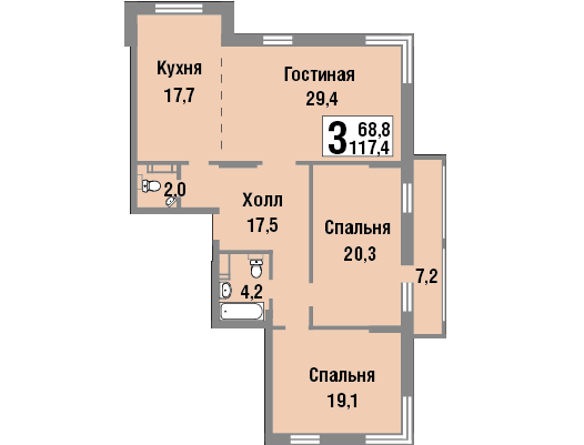 10 этаж 3-комнатн. 117.4 кв.м.
