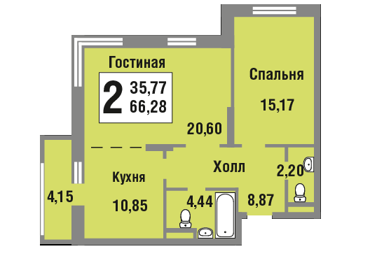 1 этаж 2-комнатн. 66.28 кв.м.