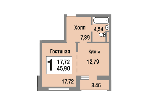 1 этаж 1-комнатн. 45.9 кв.м.