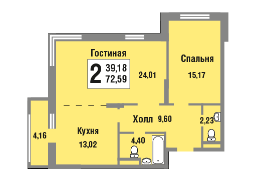 2 этаж 2-комнатн. 72.59 кв.м.