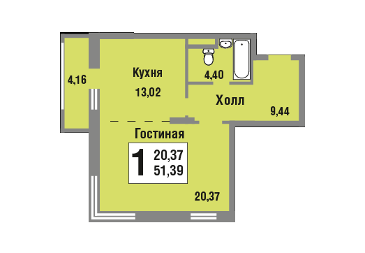 2 этаж 1-комнатн. 51.39 кв.м.