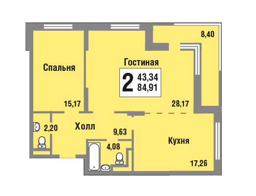 11 этаж 2-комнатн. 84.91 кв.м.