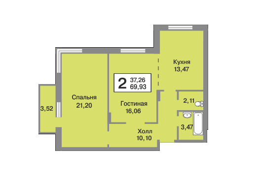 1 этаж 2-комнатн. 69.93 кв.м.