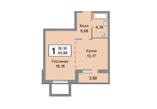 1 этаж 1-комнатн. 45.88 кв.м.