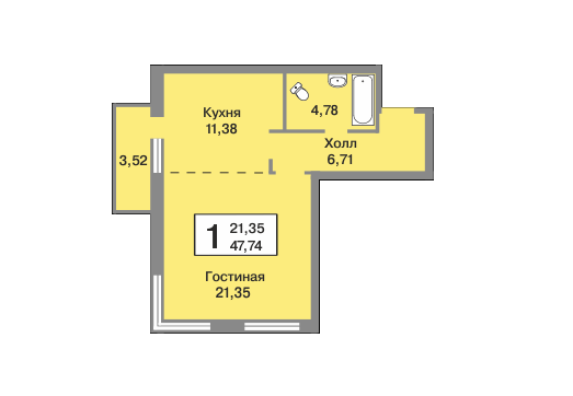 1 этаж 1-комнатн. 47.74 кв.м.