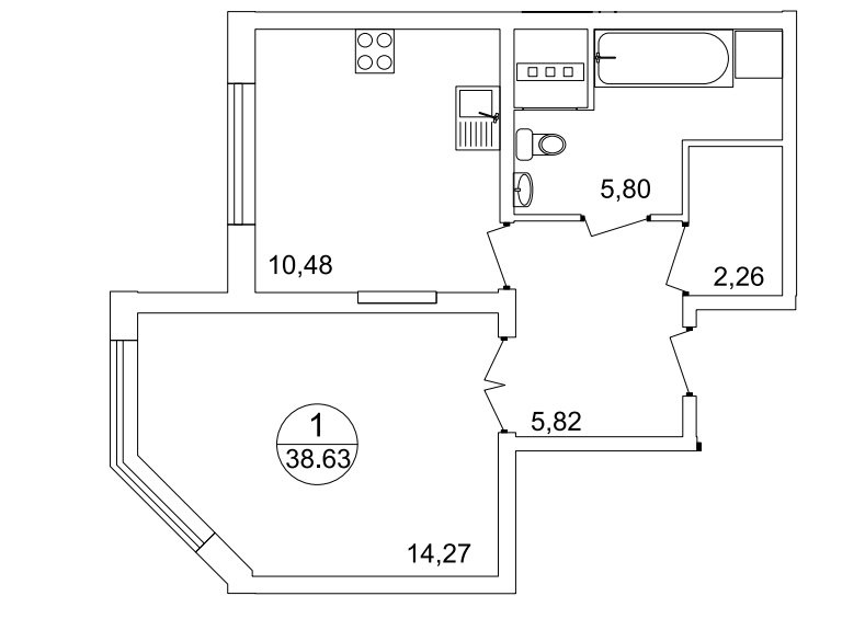 1 этаж 1-комнатн. 38.63 кв.м.