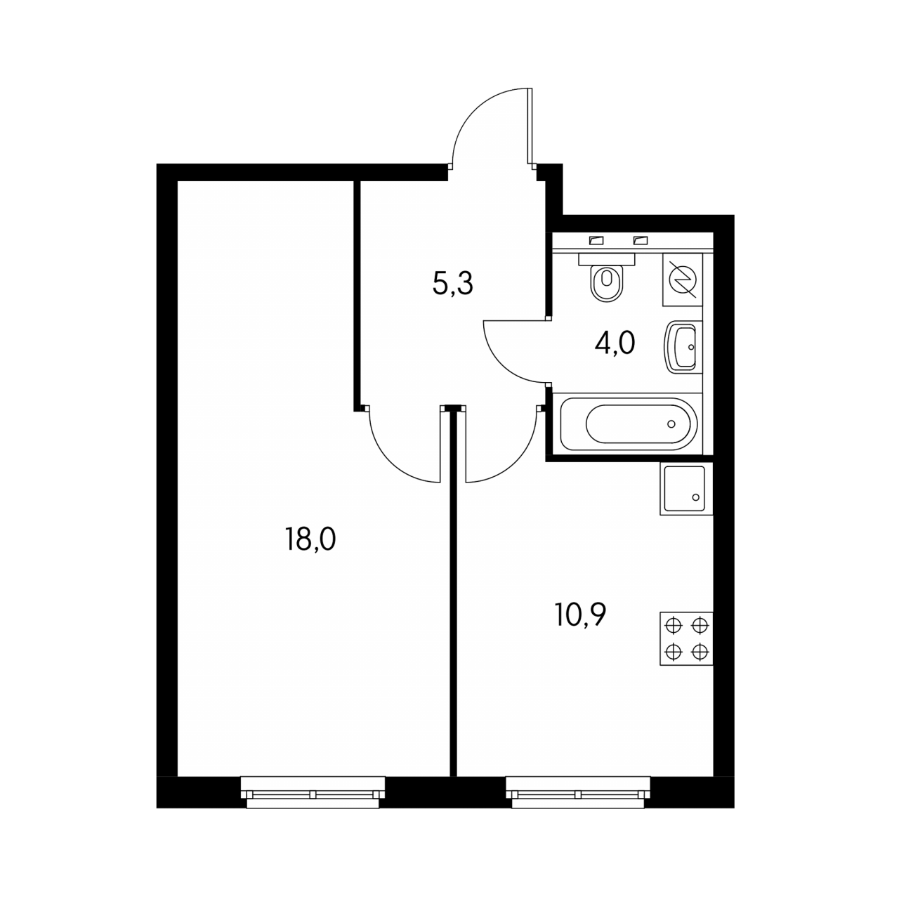 11 этаж 1-комнатн. 40.1 кв.м.