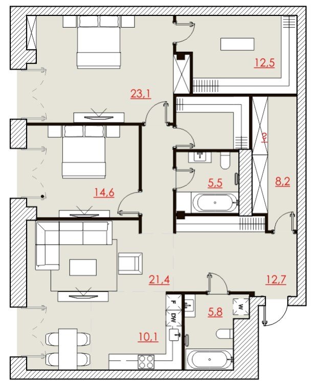 3 этаж 3-комнатн. 124.38 кв.м.