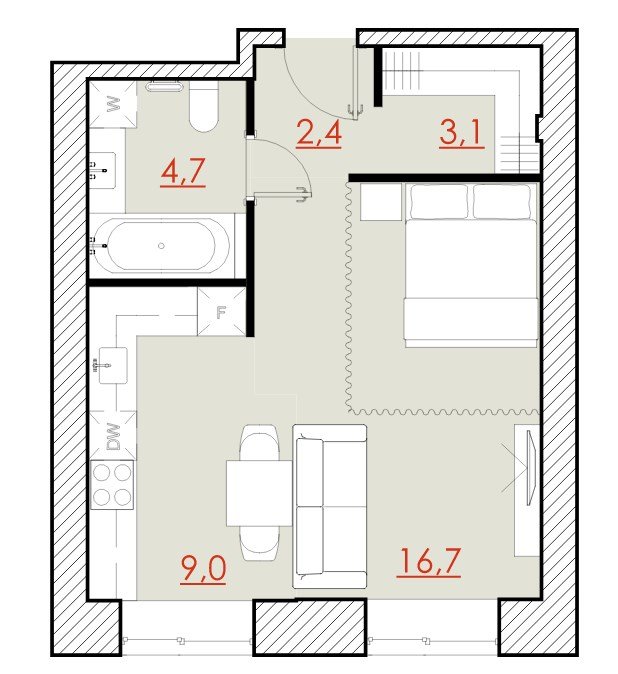 2 этаж 1-комнатн. 35.7 кв.м.