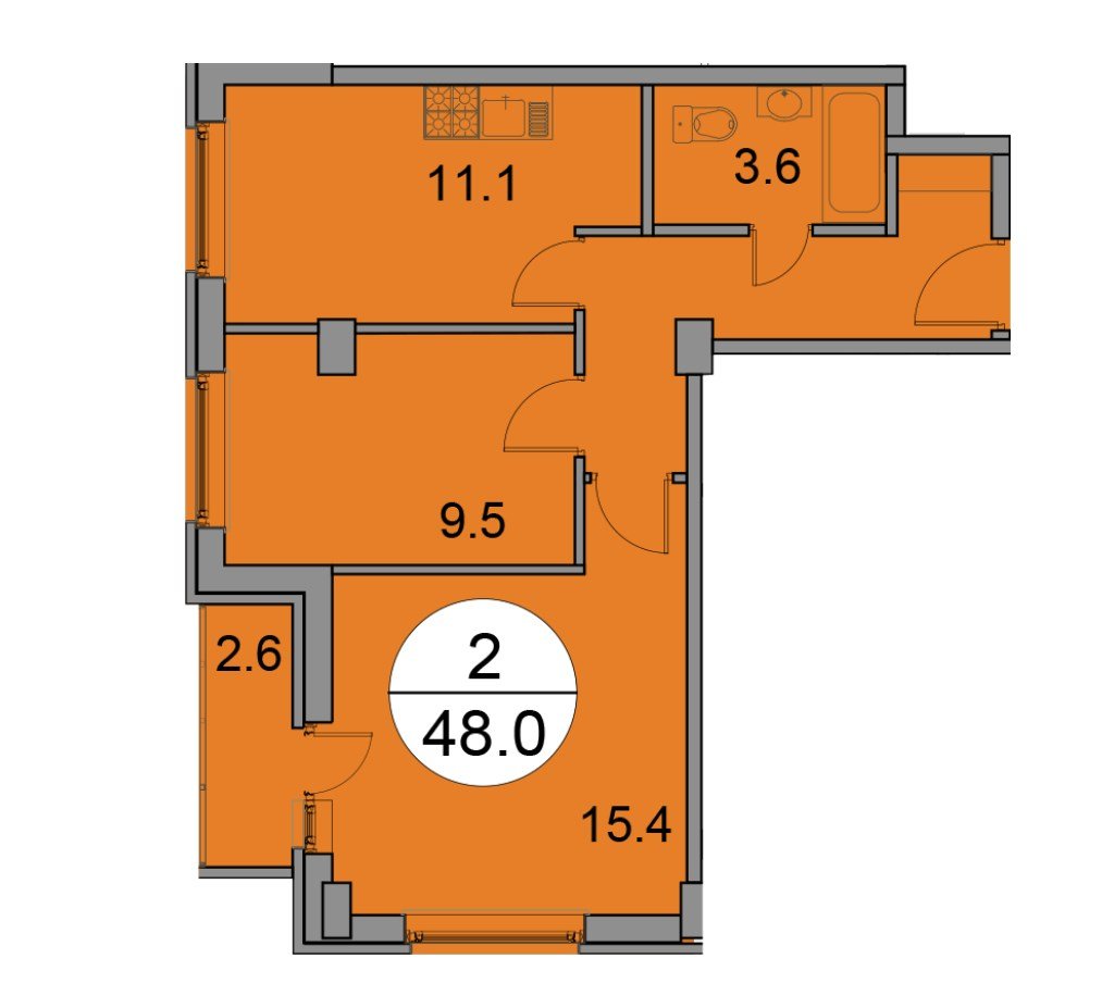 17 этаж 2-комнатн. 48 кв.м.