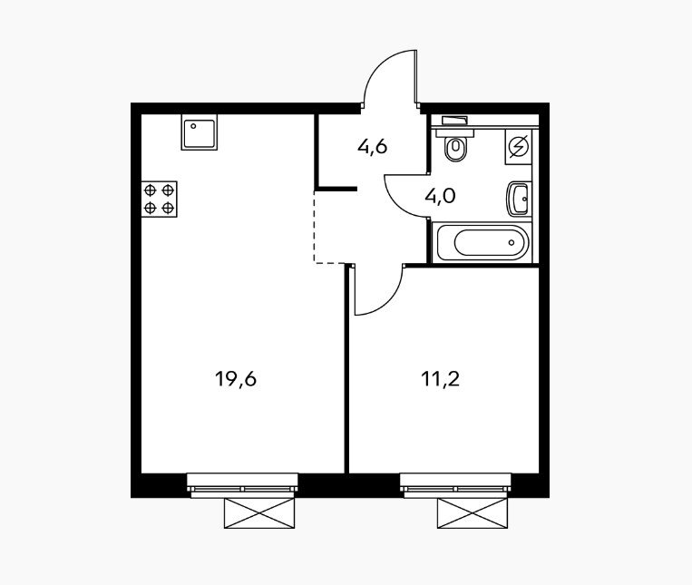 20 этаж 1-комнатн. 39.4 кв.м.