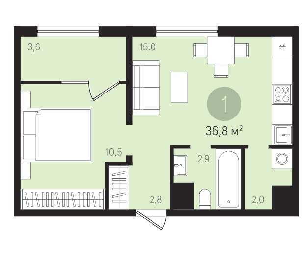 2 этаж 1-комнатн. 36.8 кв.м.