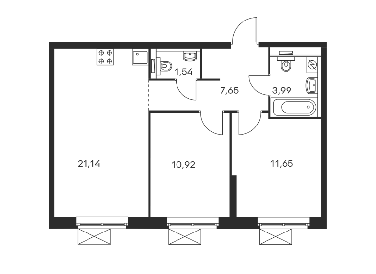 4 этаж 2-комнатн. 60.51 кв.м.