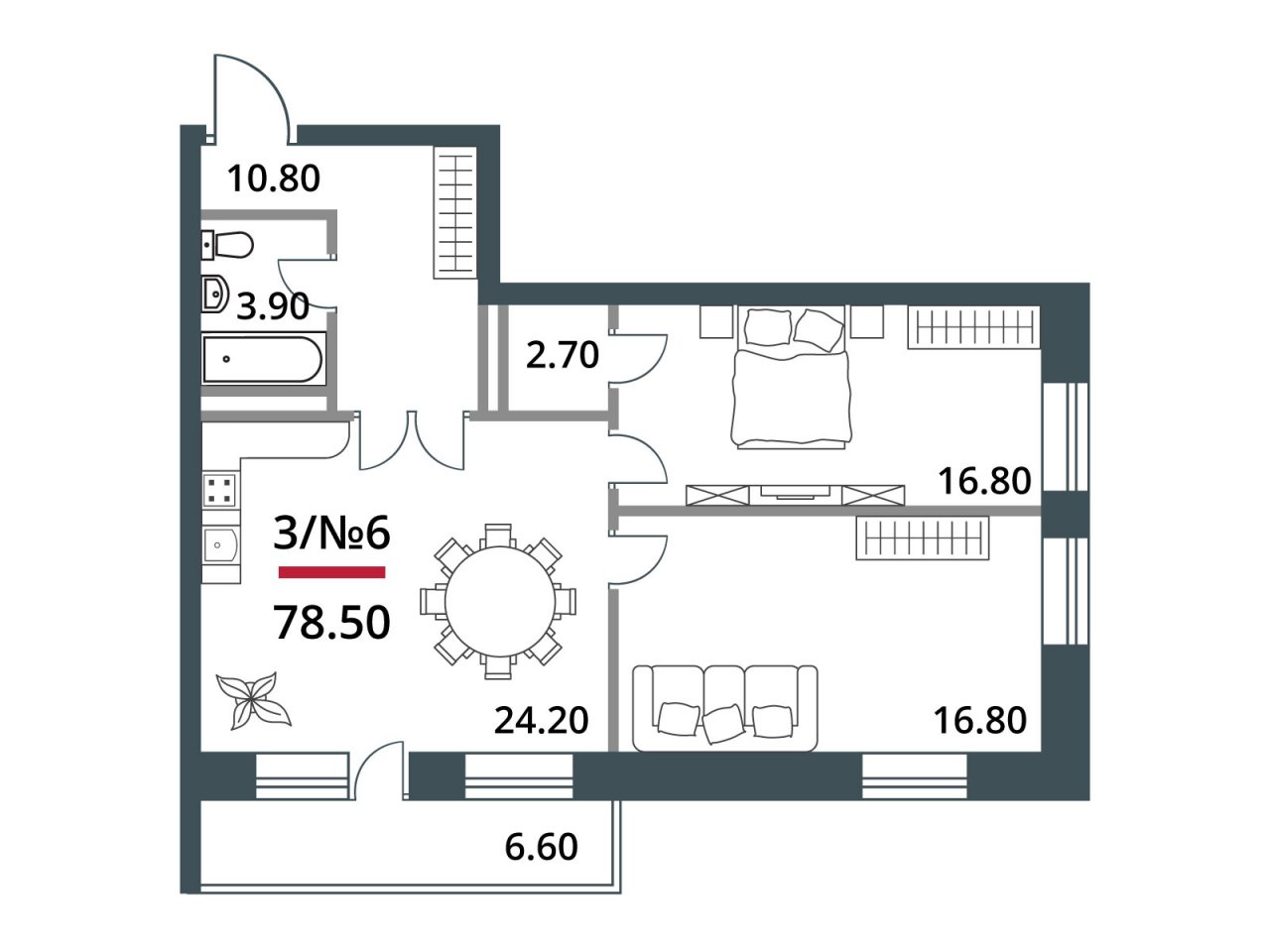 17 этаж 3-комнатн. 78.5 кв.м.