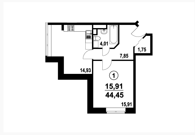 4 этаж 1-комнатн. 44.45 кв.м.
