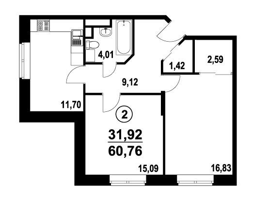 2 этаж 2-комнатн. 60.76 кв.м.
