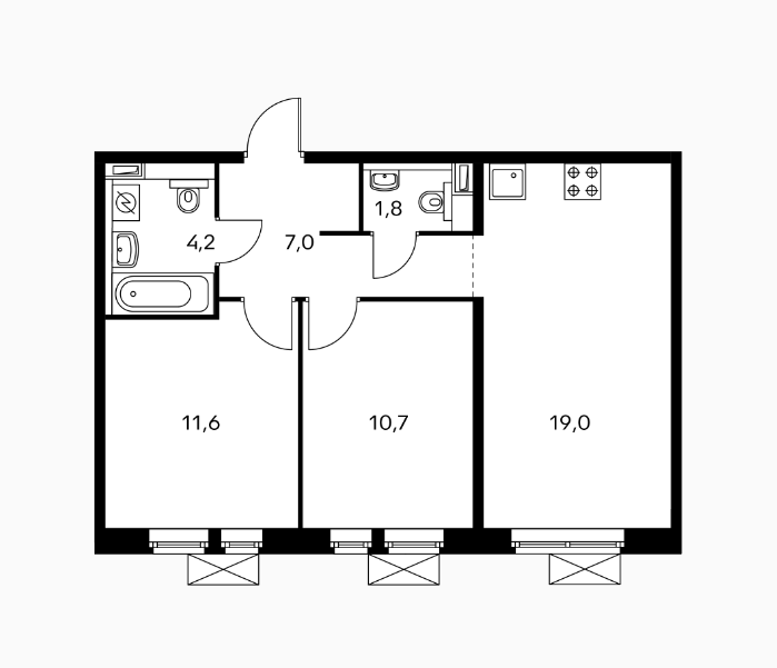 3 этаж 2-комнатн. 54.3 кв.м.