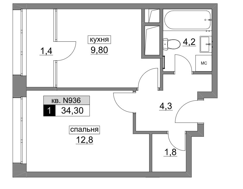 22 этаж 1-комнатн. 34.3 кв.м.