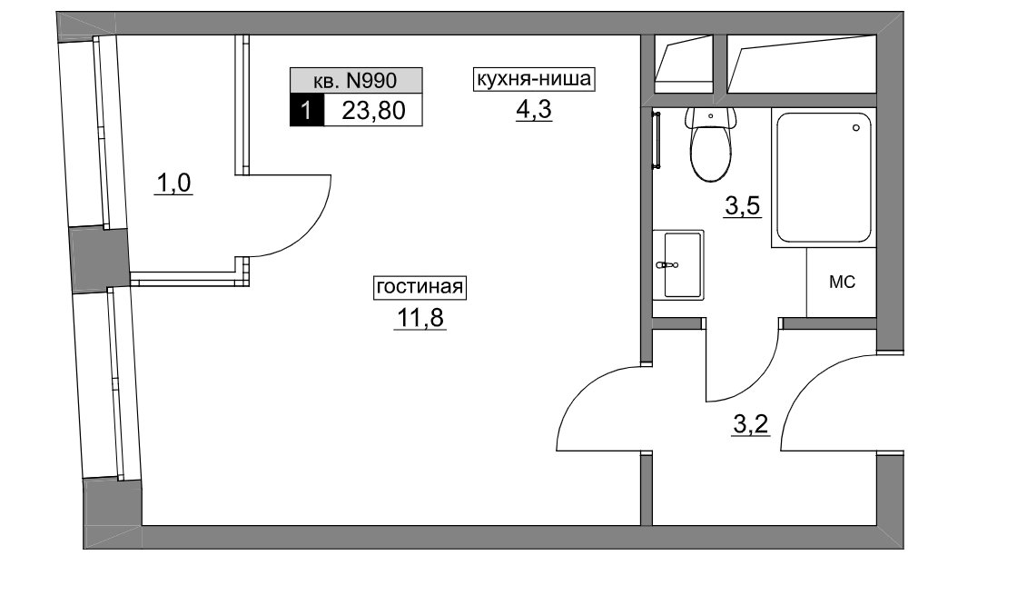 13 этаж 1-комнатн. 23.8 кв.м.