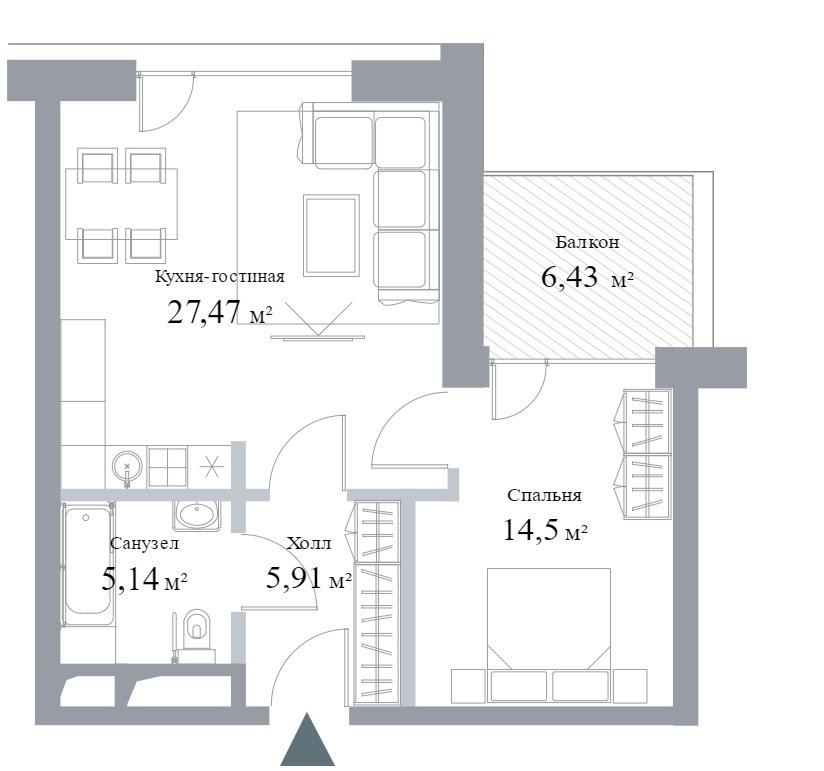 10 этаж 1-комнатн. 64.7 кв.м.