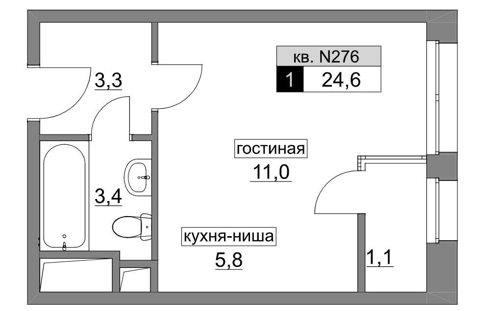 7 этаж 1-комнатн. 24.6 кв.м.