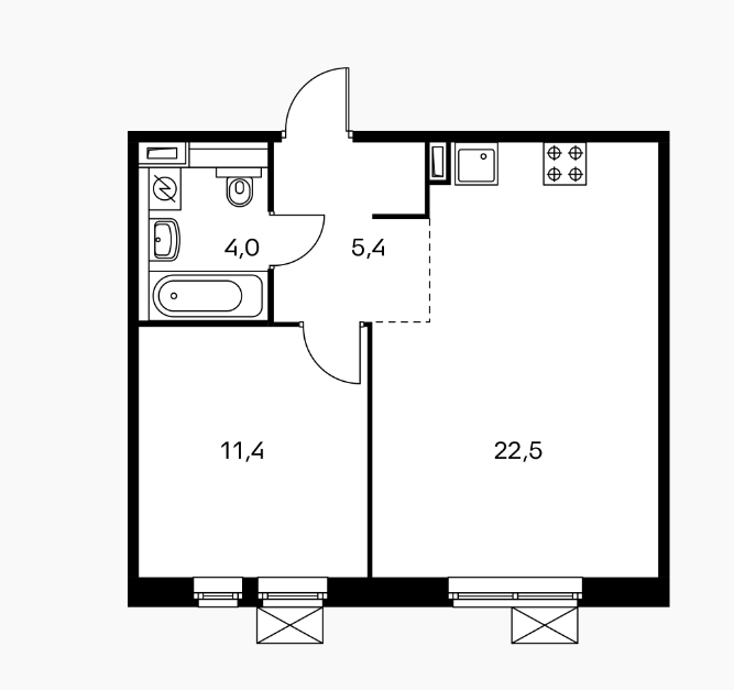 5 этаж 1-комнатн. 43.3 кв.м.