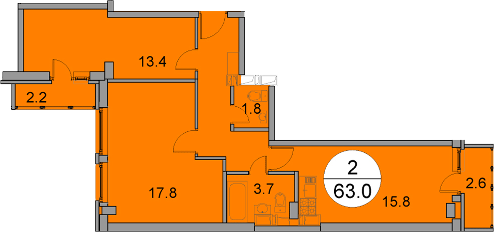 15 этаж 2-комнатн. 63 кв.м.