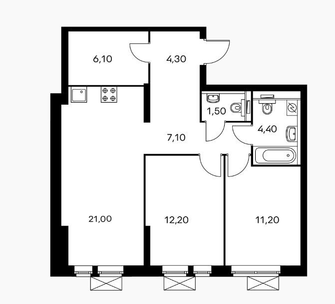 25 этаж 2-комнатн. 67.8 кв.м.