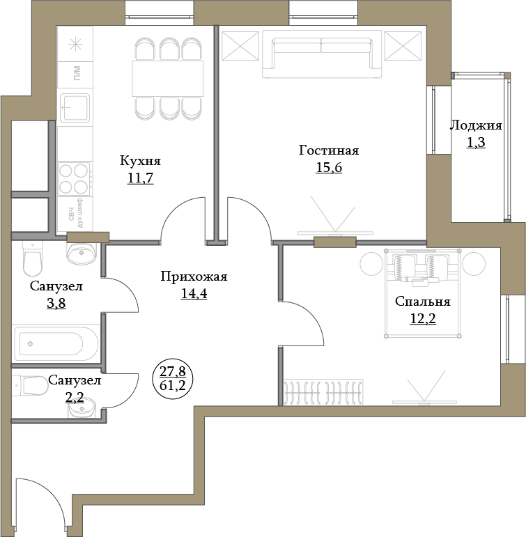 3 этаж 2-комнатн. 61.2 кв.м.