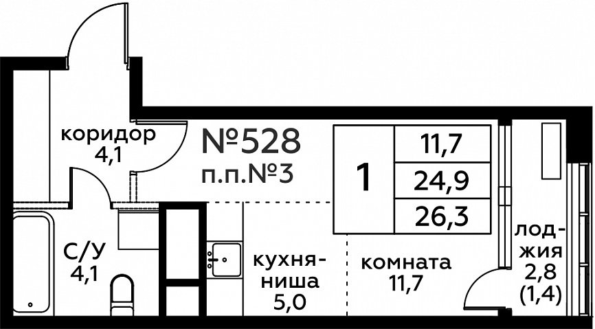 2 этаж 1-комнатн. 26.3 кв.м.